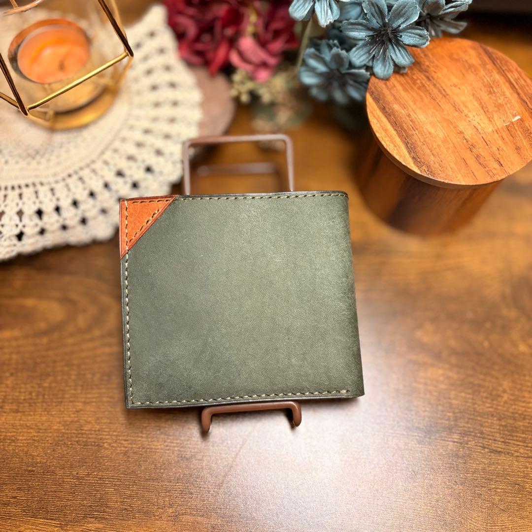 二つ折り財布　レザークラフト　ハンドメイド　本革　ブラウン　グリーン