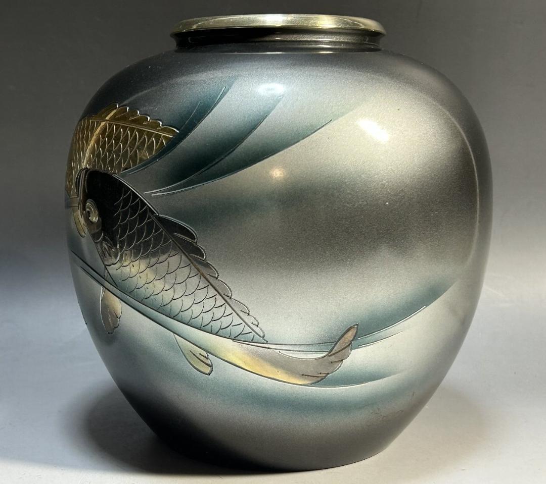 金銀　流水　鯉　双魚　花瓶　壷　高岡銅器 　錦鯉