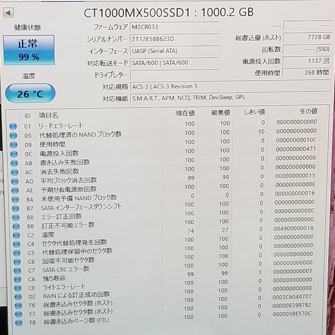 使用時間268時間 正常表示 SSD 1000GB 2.5インチ(B1864)