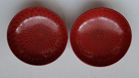 時代物　朱漆塗網絵　A-2　蓋付き椀　2客　菓子椀　骨董品　茶道