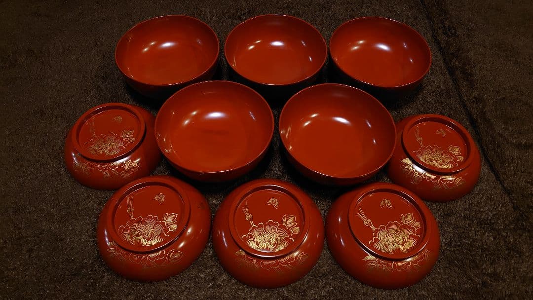 輪島塗　漆器　金蒔絵　蒔絵 沈金　蝶の図　蓋椀　蔵出し　５客