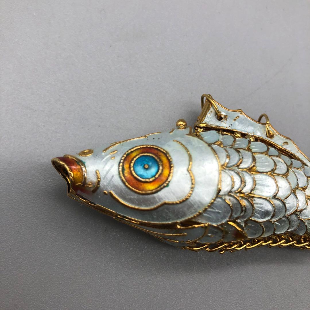 希少アンティーク景泰藍クロワゾネ中国伝統工芸七宝焼銅製鯉コイお魚チャーム10cm