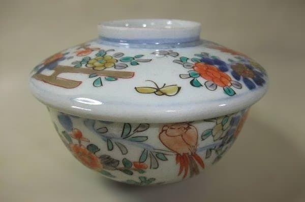 古い伊万里 花鳥文 蝶 錦絵 蓋付 蒸茶碗 13客 明治二十五年 染付 骨董
