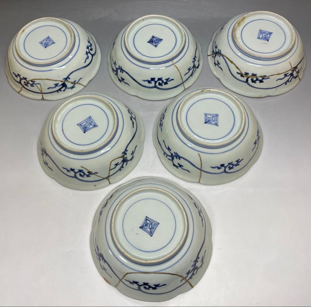 古伊万里　染付　芙蓉手　なます皿　全皿金継ぎ　6客　m3429