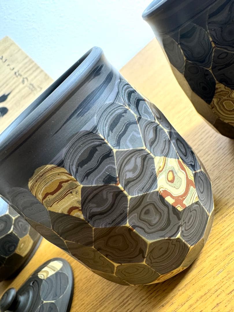 459 常滑焼　堀田憲児作　練込　削　茶器セット　未使用品　共箱