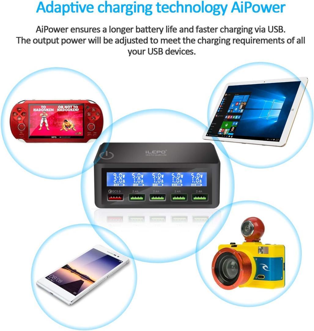 商品5ポートUSB充電ステーション、LCD画面搭載、スマホ・タブレット対応、急速
