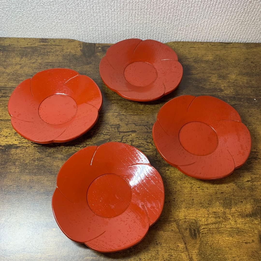 E-1 【京都 たち吉】銘々皿 4枚セット 朱塗 梅型 菓子皿 漆器 共箱付き