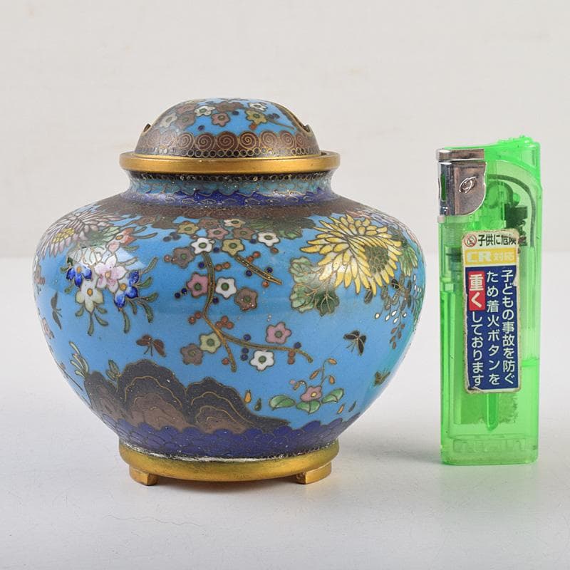 中国　古七宝琺瑯彩　花文　蓋壷　香炉　F　R9628