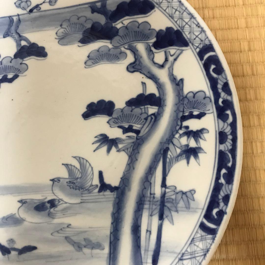 青白磁染付松竹梅鳥柄約40センチ大皿