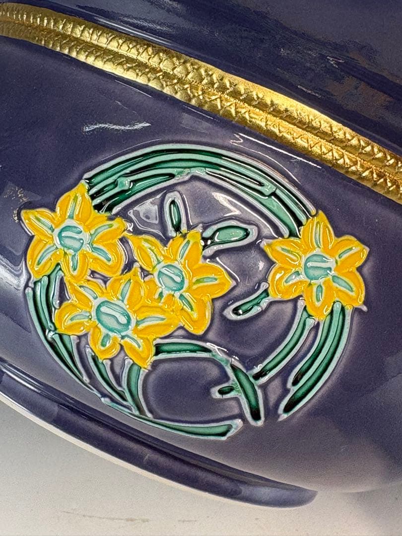 ★中古品★茶道具　中村翠嵐造　紺紫交趾　宝袋花丸水指（共箱）