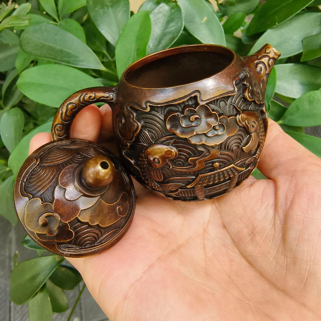 浮彫鯉躍龍門茶壺 酒壺 家庭茶道 工芸品 置物 銅製品