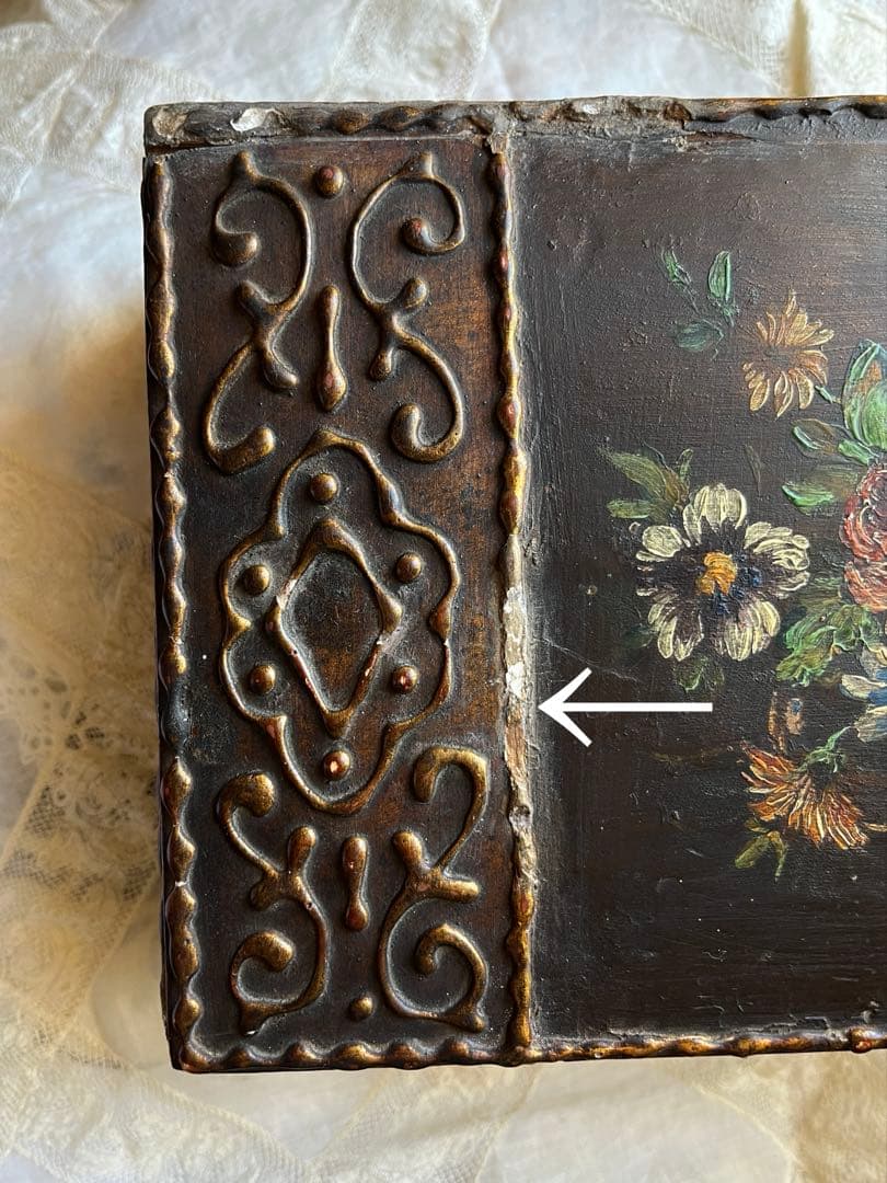 ◆SALEフランスアンティーク｜手作り古い木箱、手書き油絵花小物入れ大きめ絵画