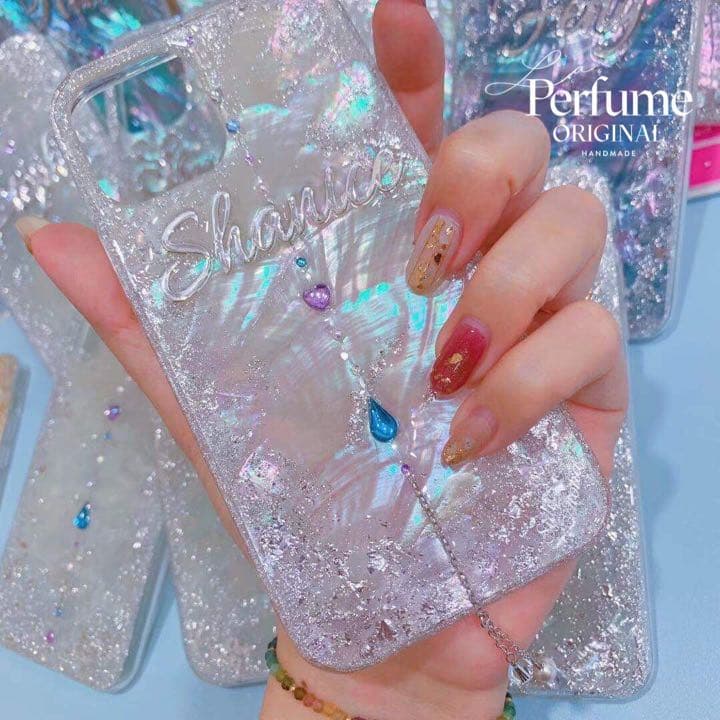 名入れ♡天然シェル✨キラキラ ハートドロップチャーム ホワイト♡iPhone 白