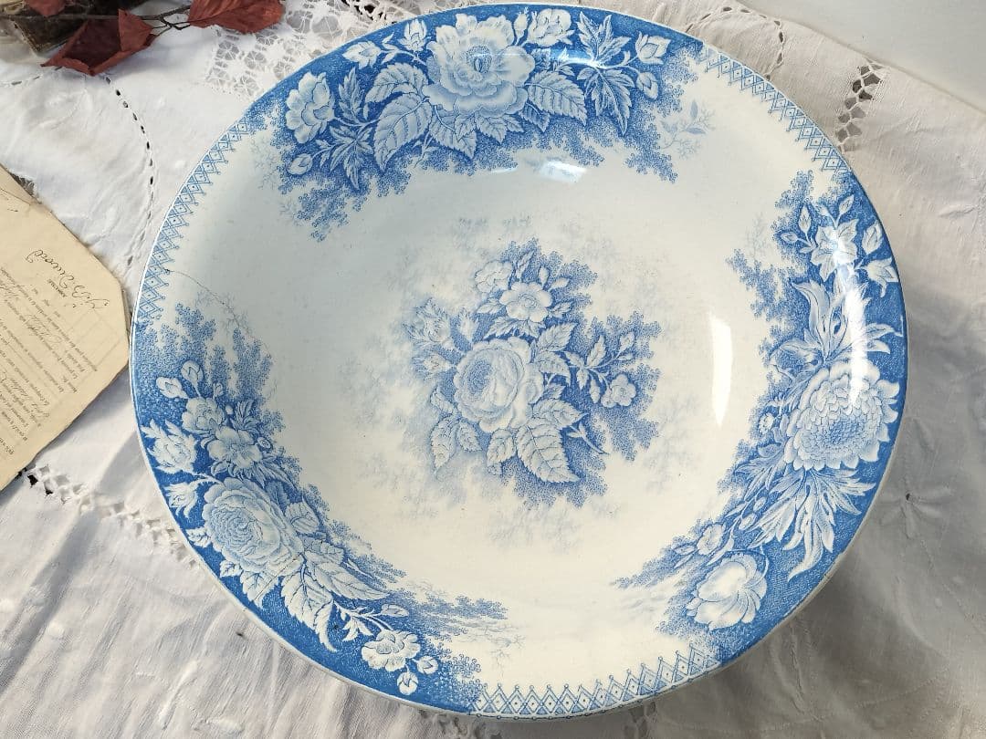 アンティーク　フランス　青い花柄 陶器　大きい　1900年　サルグミンヌ　ボウル