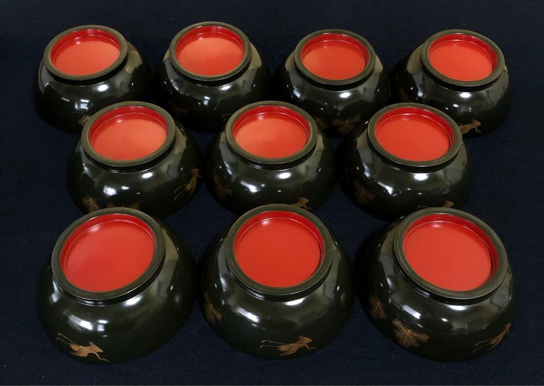 ❗️割引《R》青漆内朱 若松鶴蒔絵 菓子椀10客 木製漆器 木箱　250904H2
