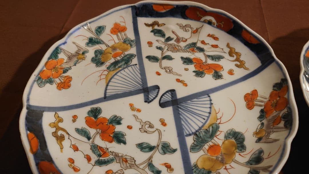 古伊万里　伊万里　色絵　扇文　華の図　蔵出し　大皿　菓子皿　２客