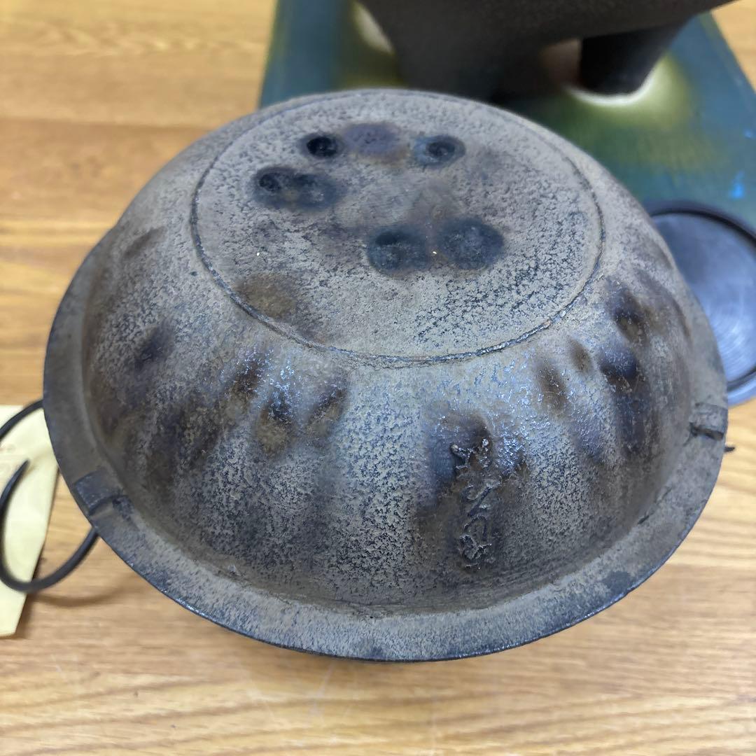 【美品】茶道具/朝鮮風炉釜 茶器 鉄瓶 鉄釜 唐銅蓋 釜環 茶釜 台付
