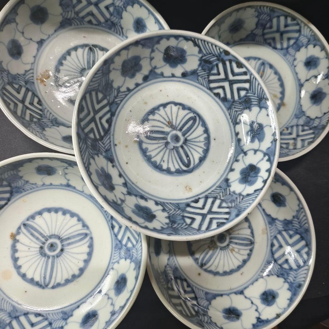 古伊万里 染付膾皿 なます皿 手描き花文 明治骨董 未使用美品 旧家蔵出し 骨董