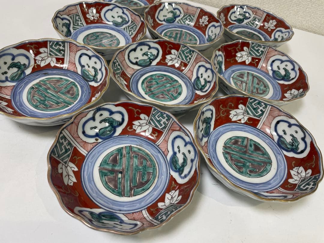 【現状品】古伊万里 錦手 色絵 菓子器 皿 アンティーク 時代物 9客 ②