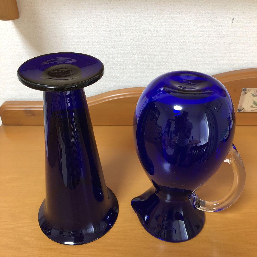 吹きガラス　瑠璃色花瓶　ピッチャー　2個セット