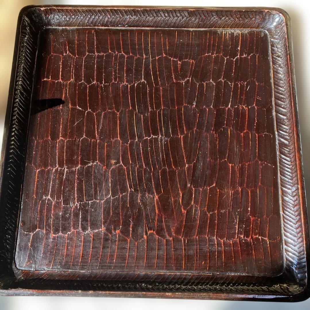 漆器 膳 5枚セット　木製 四角　漆塗り　盆　骨董 彫刻模様　A