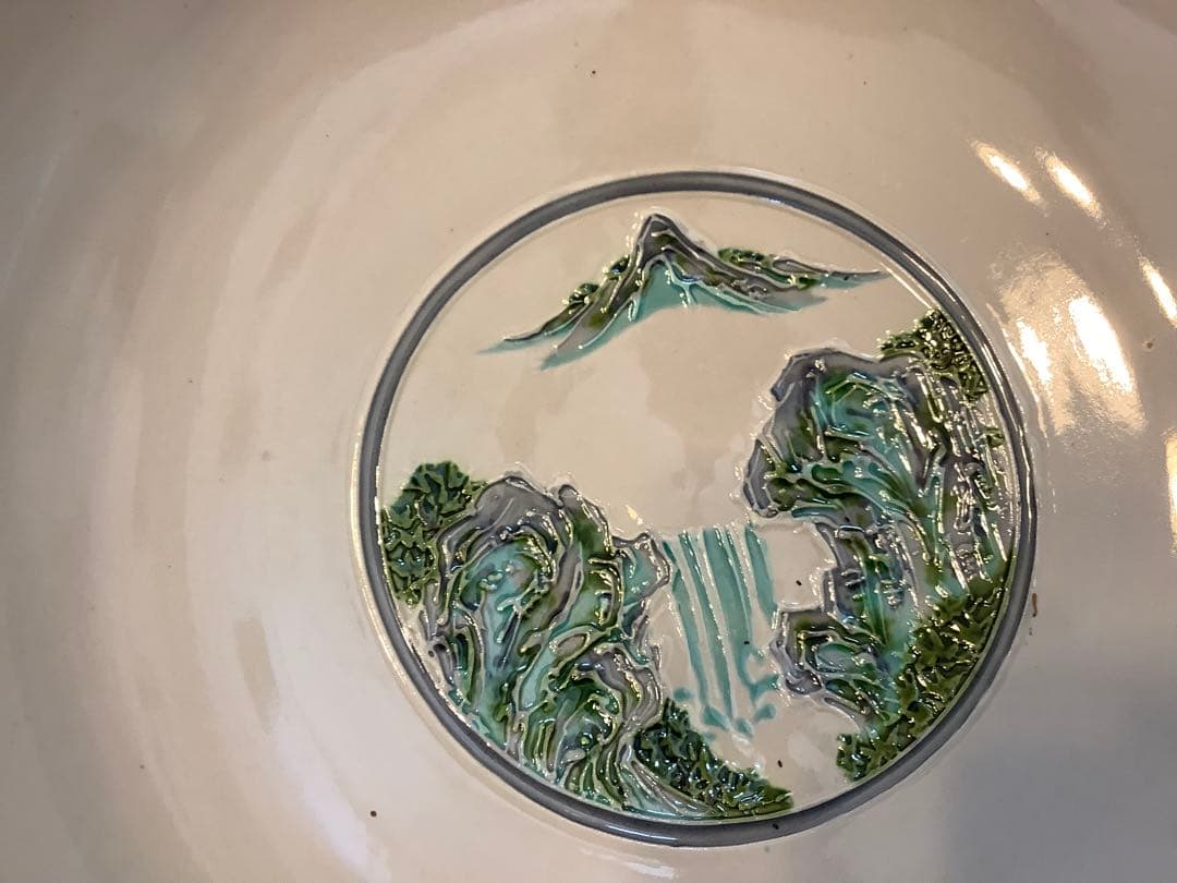 茶道具　水指(水差し) 平水指　山水画　山本一如作　白交趾焼き　塗蓋