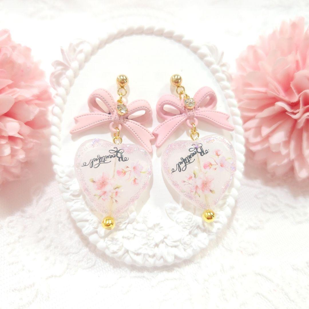 １点限定♡桜ピンクの大ぶりリボンときらめく春の桜ハートピアス❀*・
