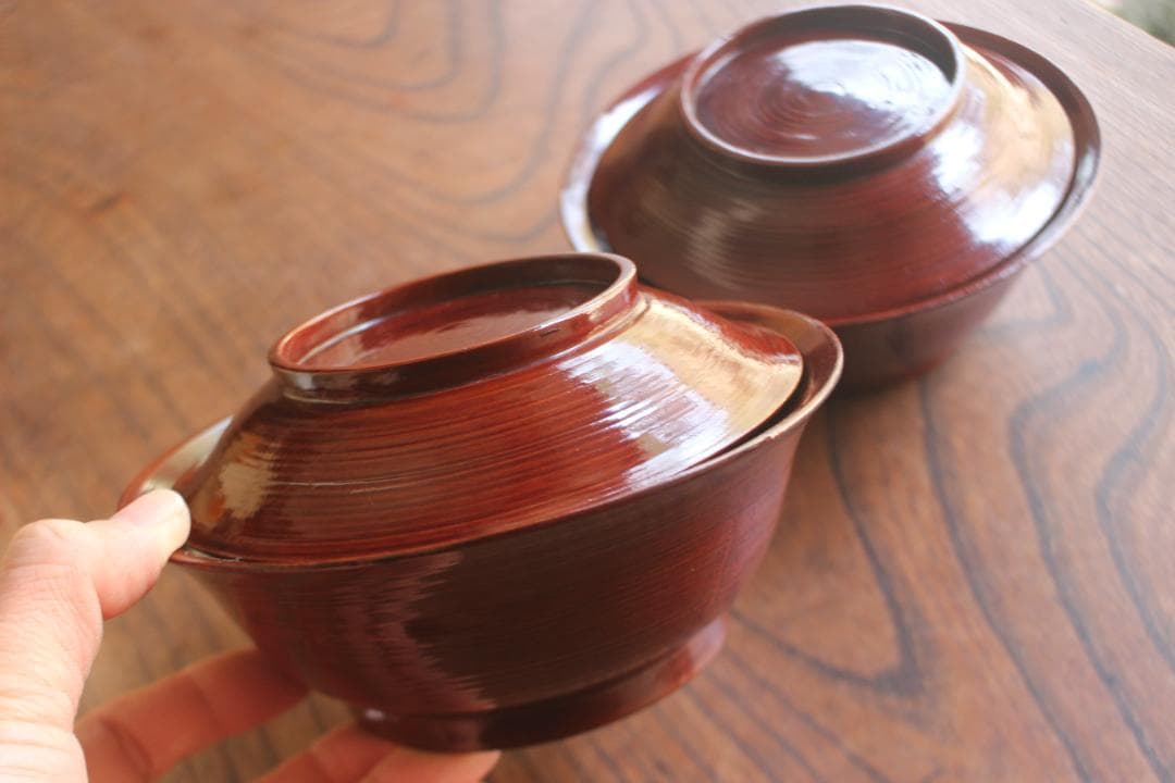 風情ある糸目挽きに時代溜塗の美しい大椀2点（検京塗春慶塗雑煮椀