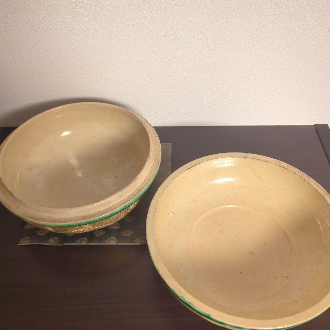 初代　吉向焼　緑釉金彩若松喰籠