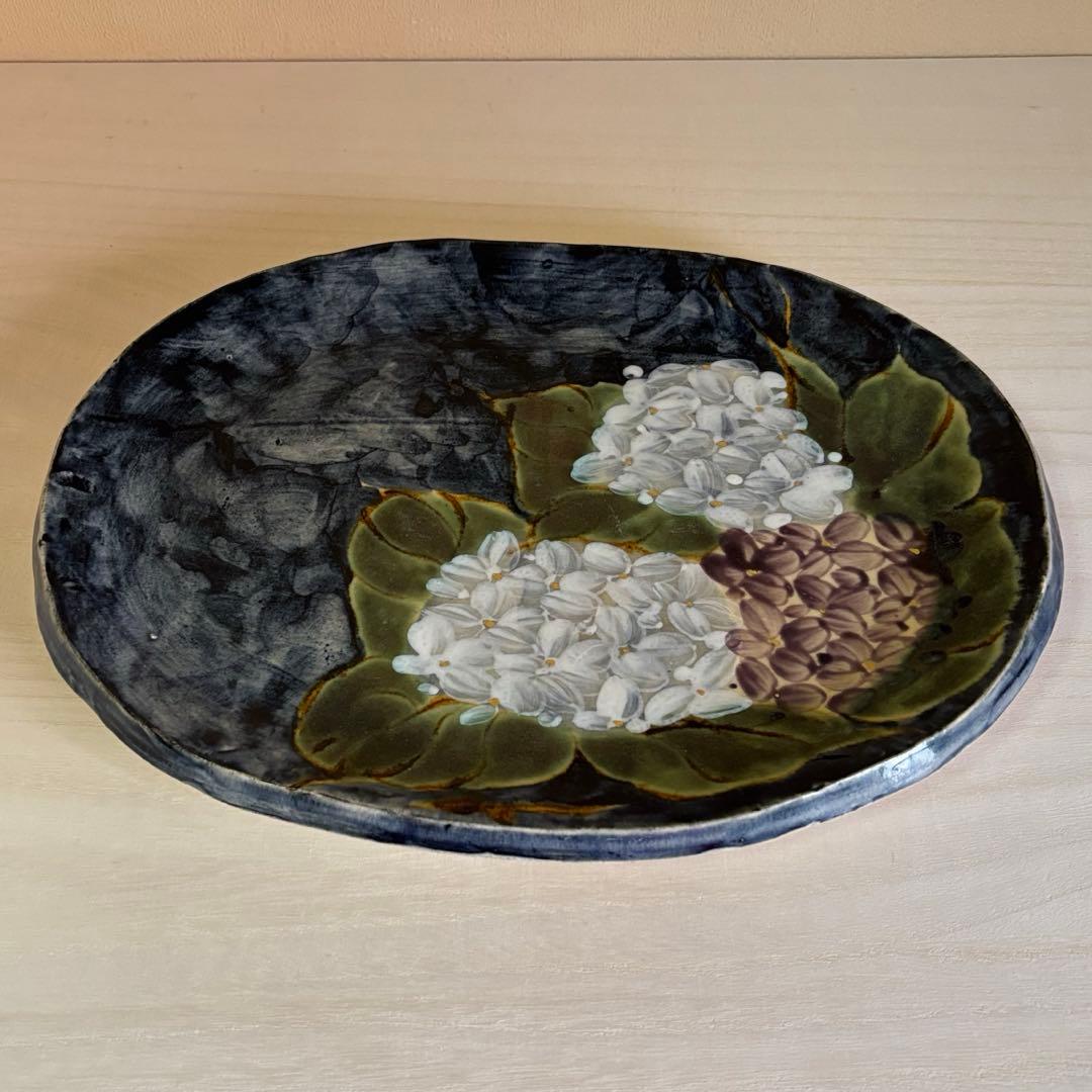 京焼 陶葊 土渕 陶あん窯 楕円大皿 色絵付け 紫陽花柄 30cm 1枚