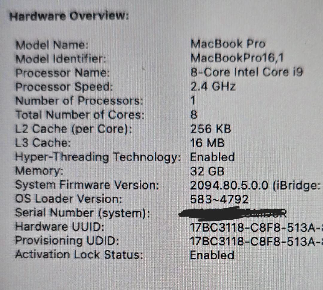 MacBook本体 Apple Macbook pro 2019 i9 32gb 512gb