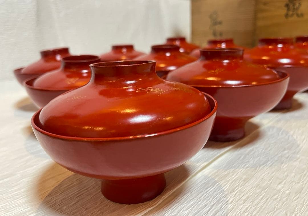 時代物 天然木　漆器 本珠 吸物椀 蓋付き 10客セット 木箱付 171