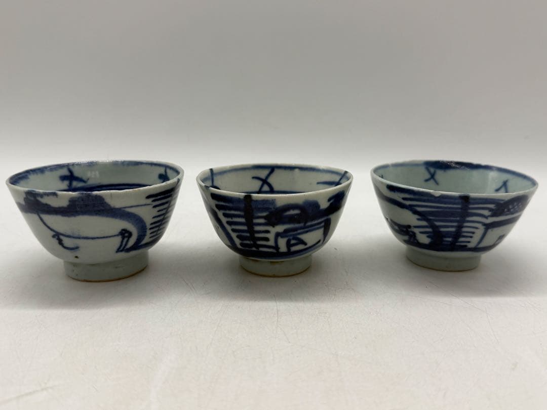 中国　清時代　染付湯呑み3点　アンティーク　送料込み251118