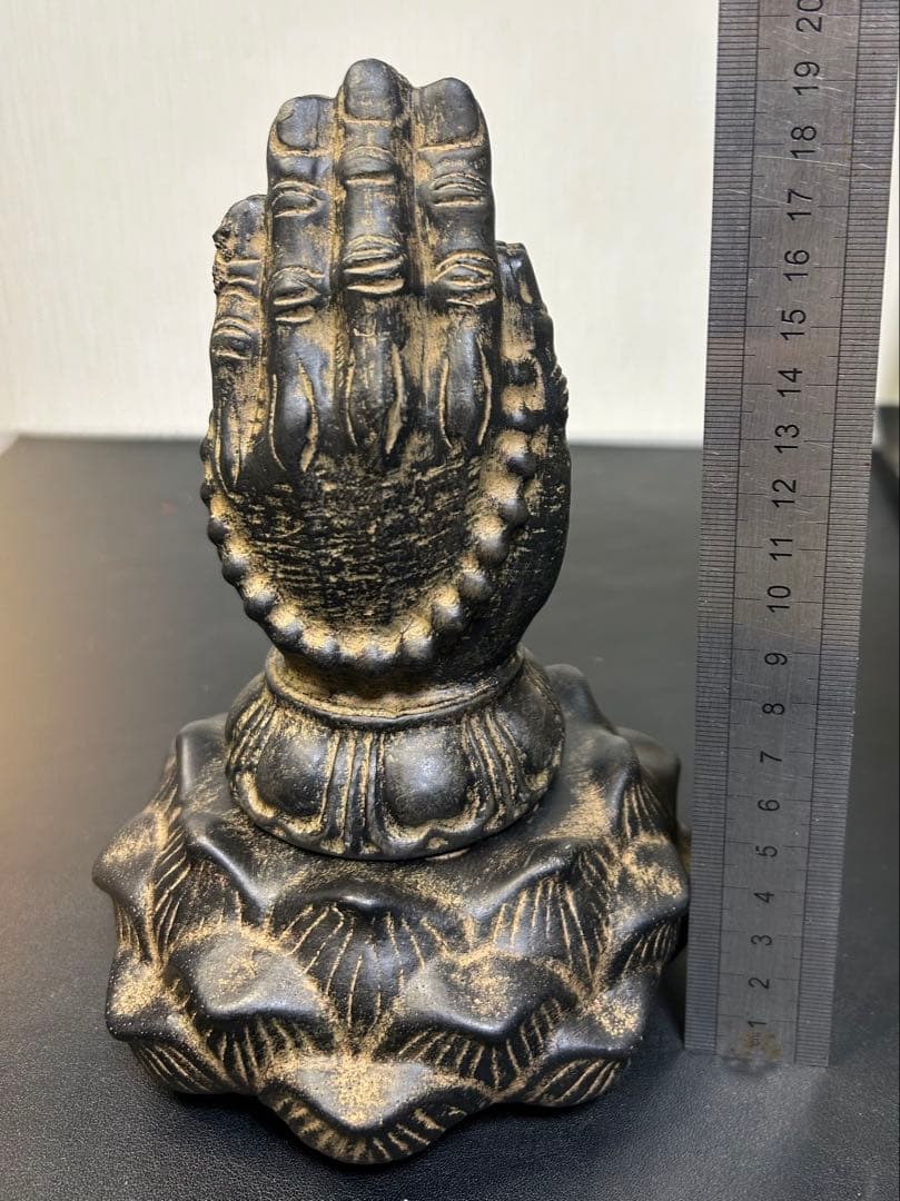 細工彫刻石合掌像蓮華台　縁起物、金運、美術品、旧家蔵出し、お守り、古美術、仏教