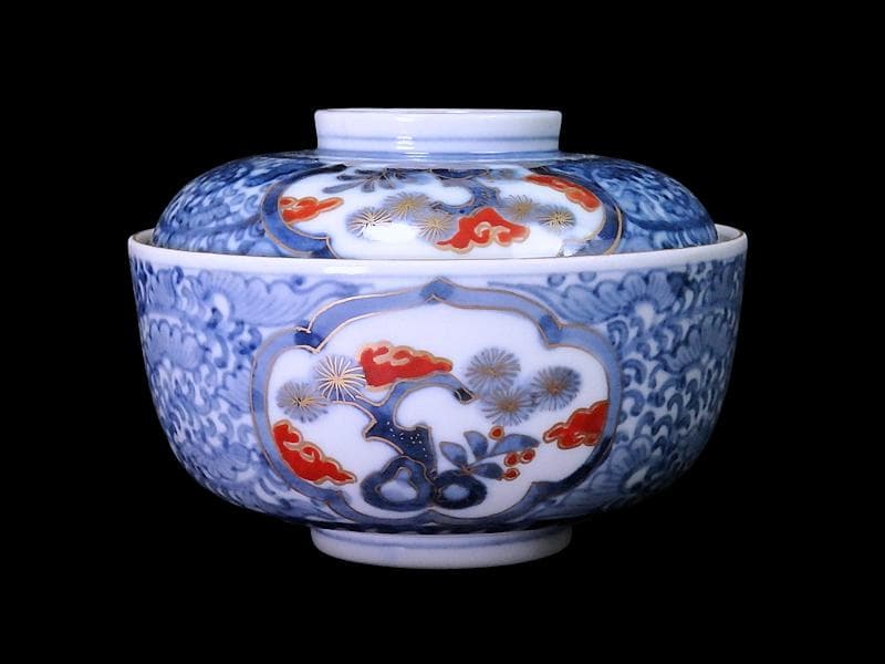 九谷　大聖寺伊万里　染錦　唐草に松竹梅の図　大振蓋茶碗　C435AS-fbvp