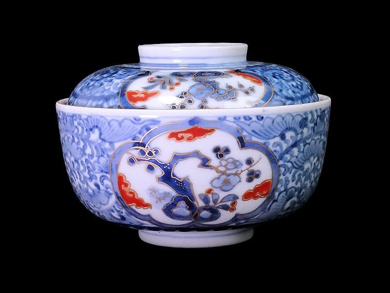 九谷　大聖寺伊万里　染錦　唐草に松竹梅の図　大振蓋茶碗　C435AS-fbvp
