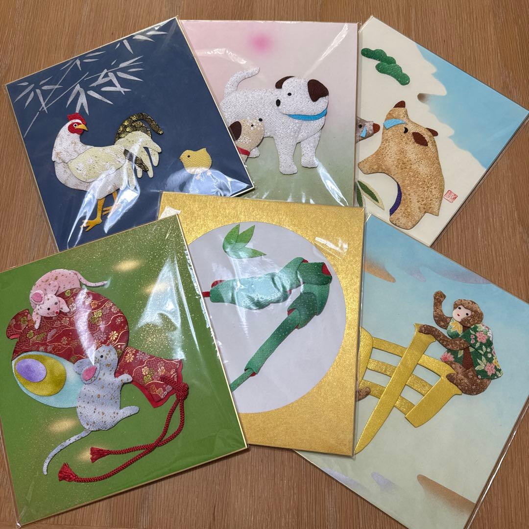 干支 押絵飾り　干支6枚+うぐいす押絵額入り