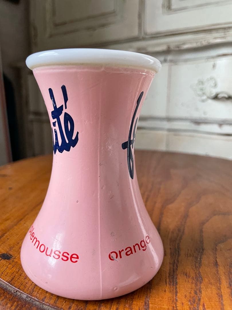 フランス アンティーク ストロー　スタンド　Fruité ピンク　ミルクガラス