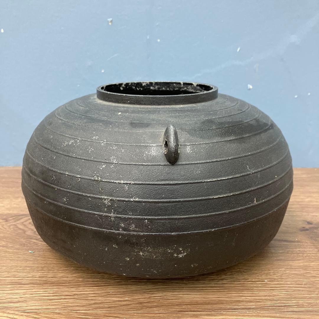 A-壁 南部鉄器 茶釜 丸釜 筋目紋 鉄瓶 鋳物 茶道具 レトロ インテリア