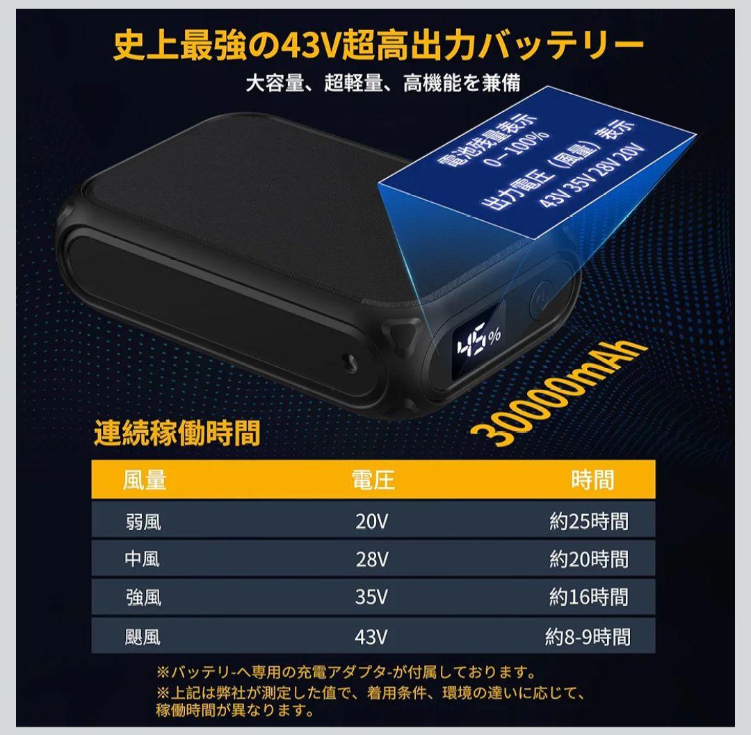 空調作業服 ファンバッテリーセット 43V 30000mAh 4段階風速調節