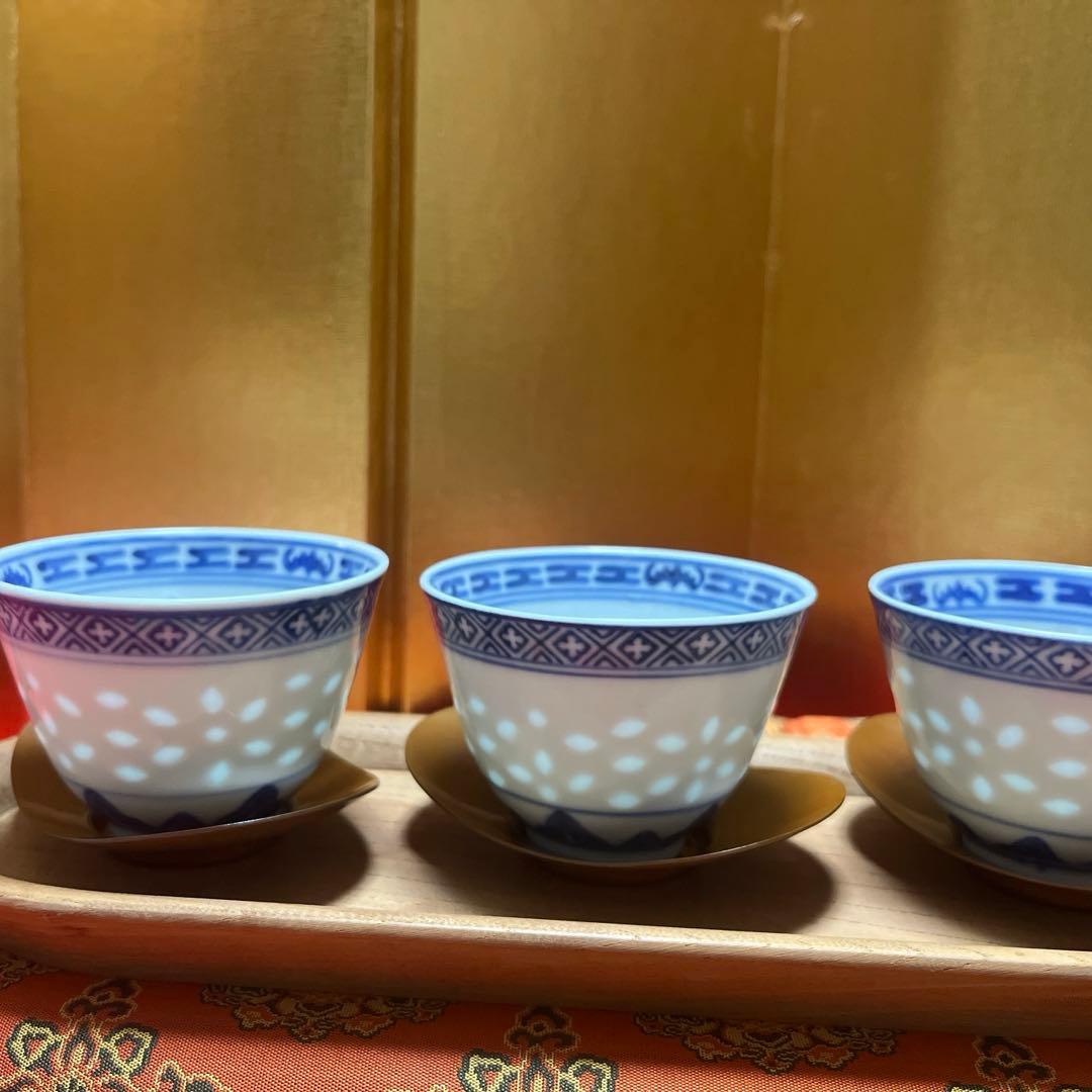 玩玉 蛍手 煎茶碗 湯呑み 景德鎮製 染付茶器 龍文 、蛍碗のセット