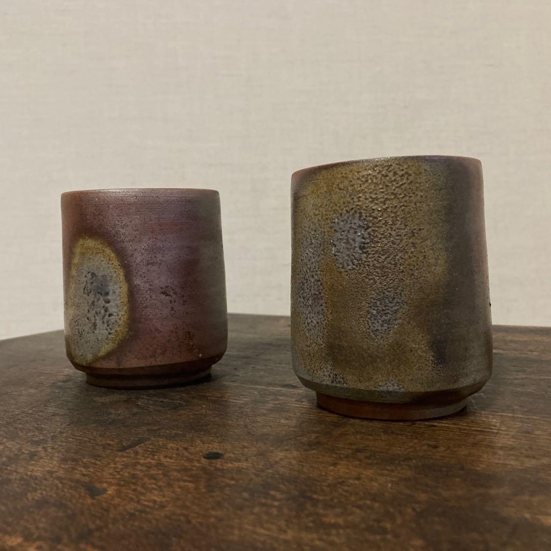 備前焼 湯呑み 茶器 カップ 2点 陶器 陶芸 和風 工芸品 レトロ