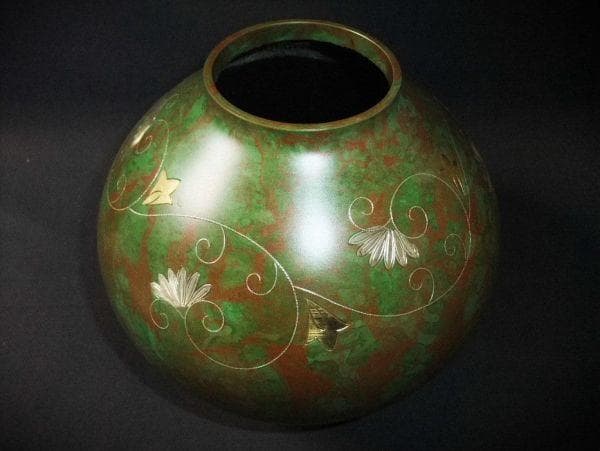 青銅花瓶 峰雲作 高岡銅器 沈金銀 鋳銅花瓶 花瓶 花生 共箱