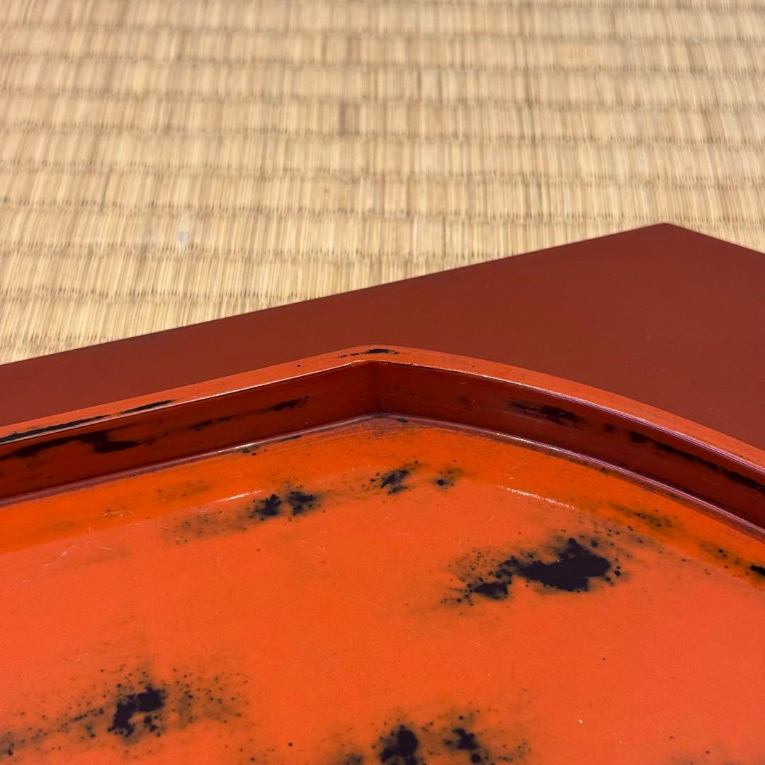根来風 朱漆 古色仕上げ 隅切丸盆 (落とし込み盆) /折敷飾り盆菓子盆茶懐石