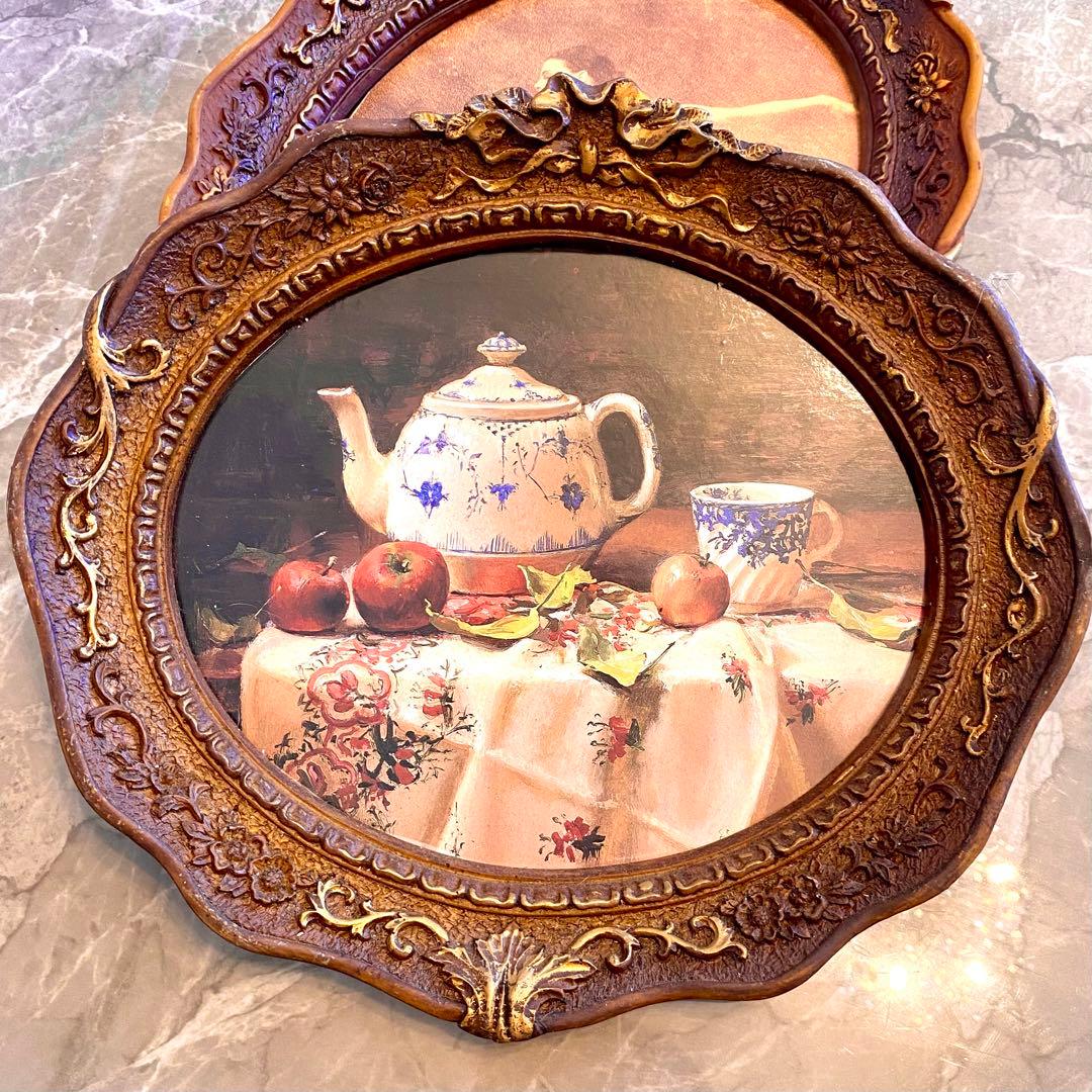 アンティーク アート オーバルフレーム 静物画 絵画 りんご ティーポット