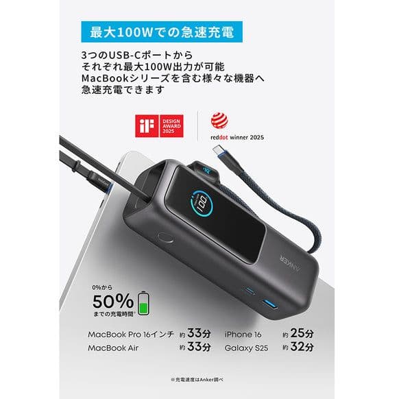 Anker PowerBank 25000mAh USB-Cケーブル2本登載