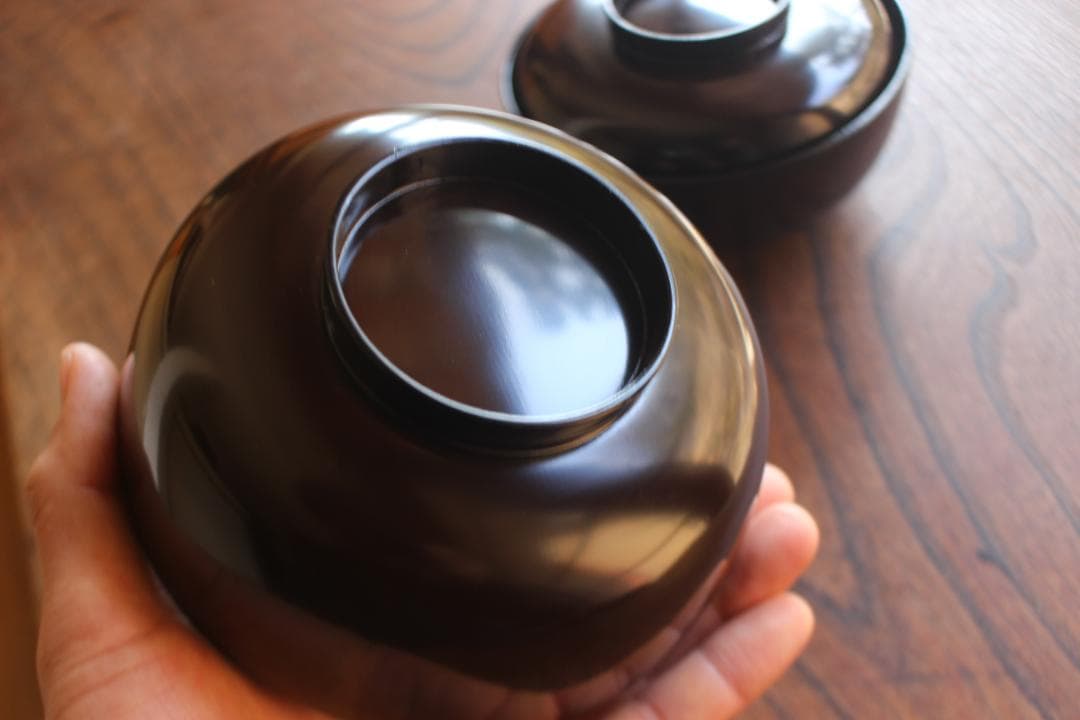 デッドストック！時代黒漆に極上木芙蓉蒔絵の映えるお椀2点（検輪島塗煮物椀懐石椀