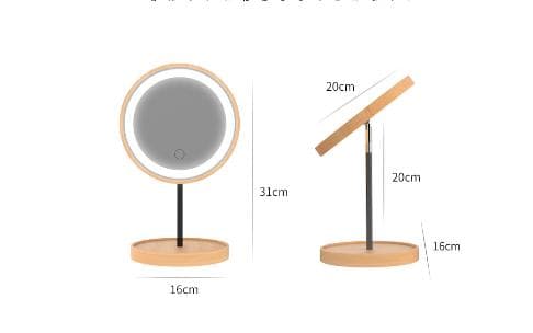 3色ライト付き竹ミラー　LED化粧鏡　充電式タッチスクリーン　 360度回転