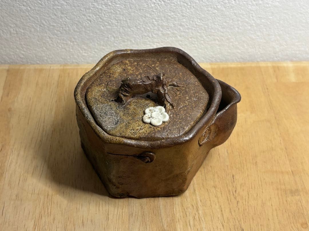 112. 備前焼 宝瓶 登り窯 白梅 6角 手びねり 急須
