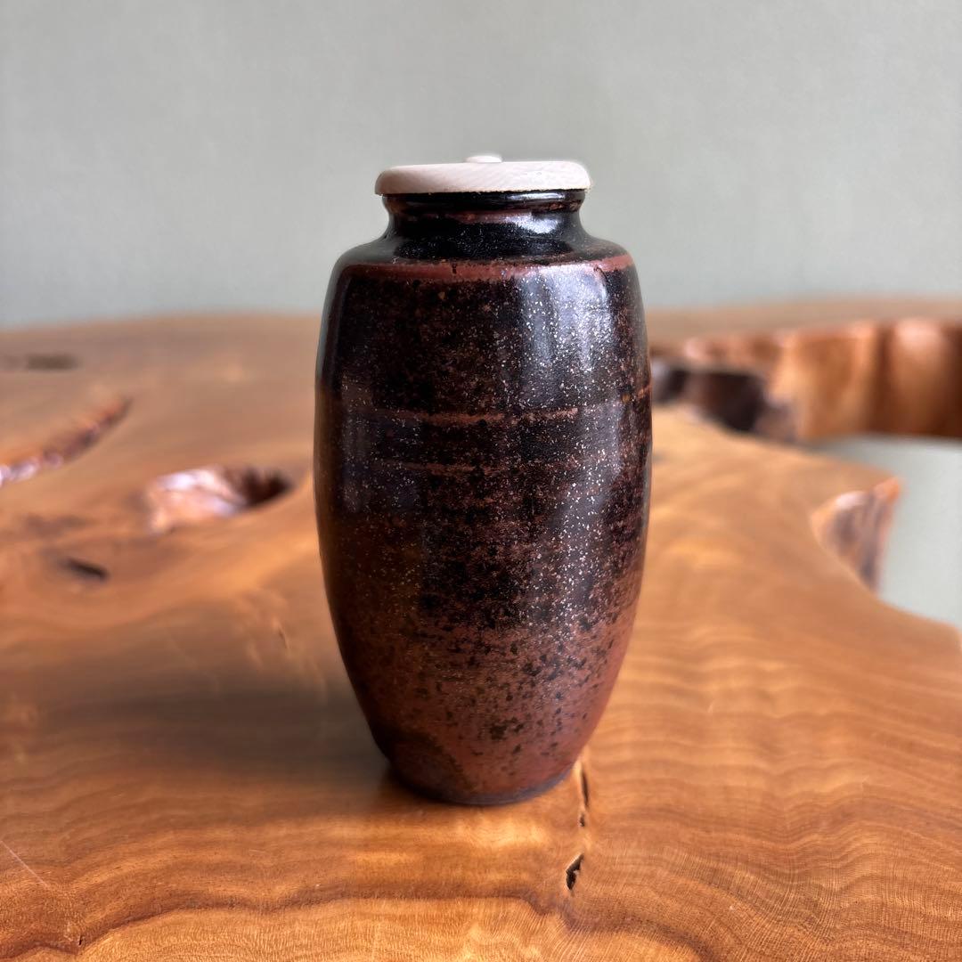 古瀬戸茶入 槍の鞘写 仕覆付き(西陣織 金剛裂) 桐箱茶道具
